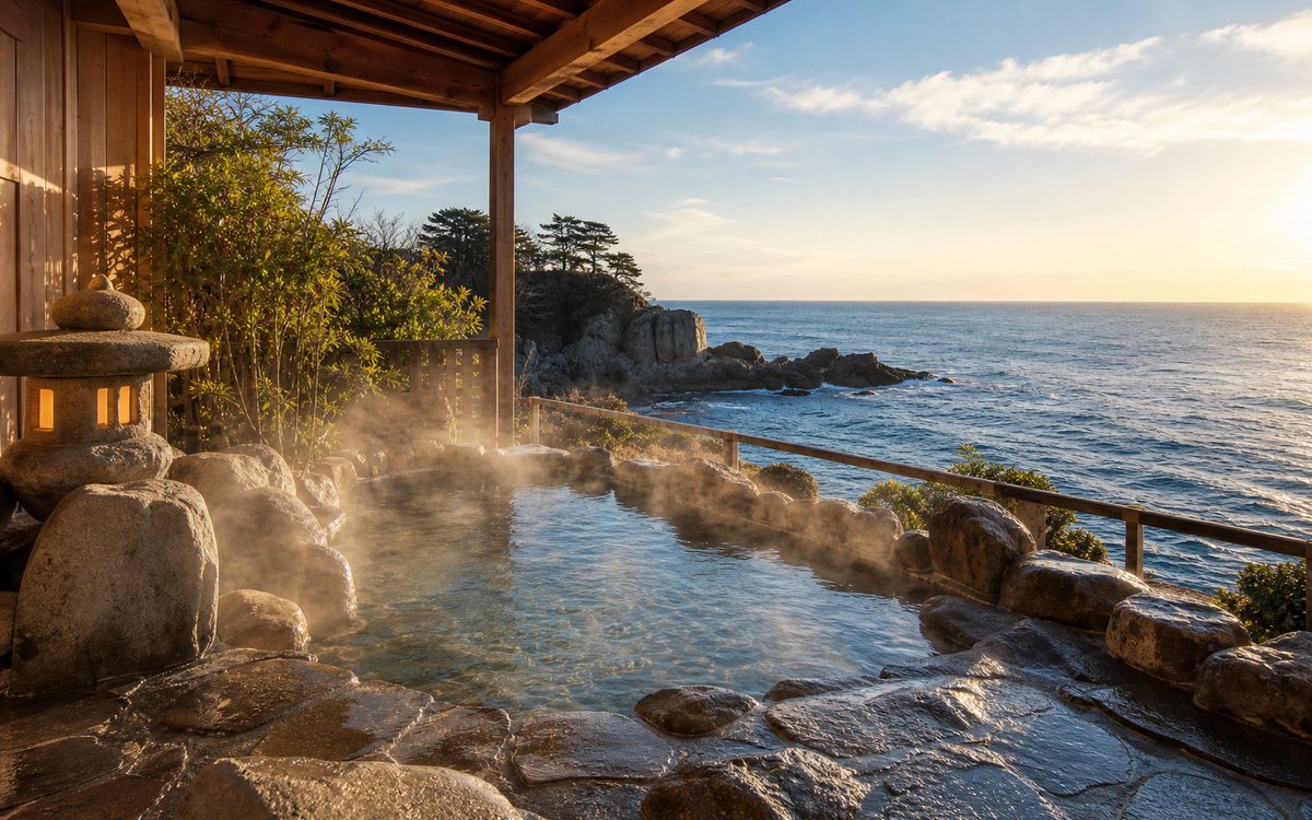 海を望む温泉風景